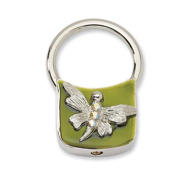 Silvertone Dragonfly w/Crystals Olive Enamel Key Fob