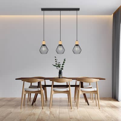 Palmorla - 3-Light Pendant - Structured Black Finish with Wood Accent - 31.50"L X 2.00"W X 8.50"H