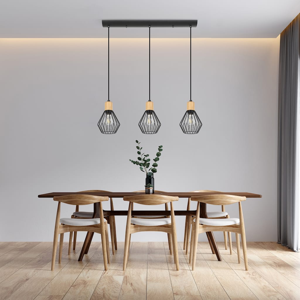 Palmorla - 3-Light Pendant - Structured Black Finish with Wood Accent - 31.50"L X 2.00"W X 8.50"H