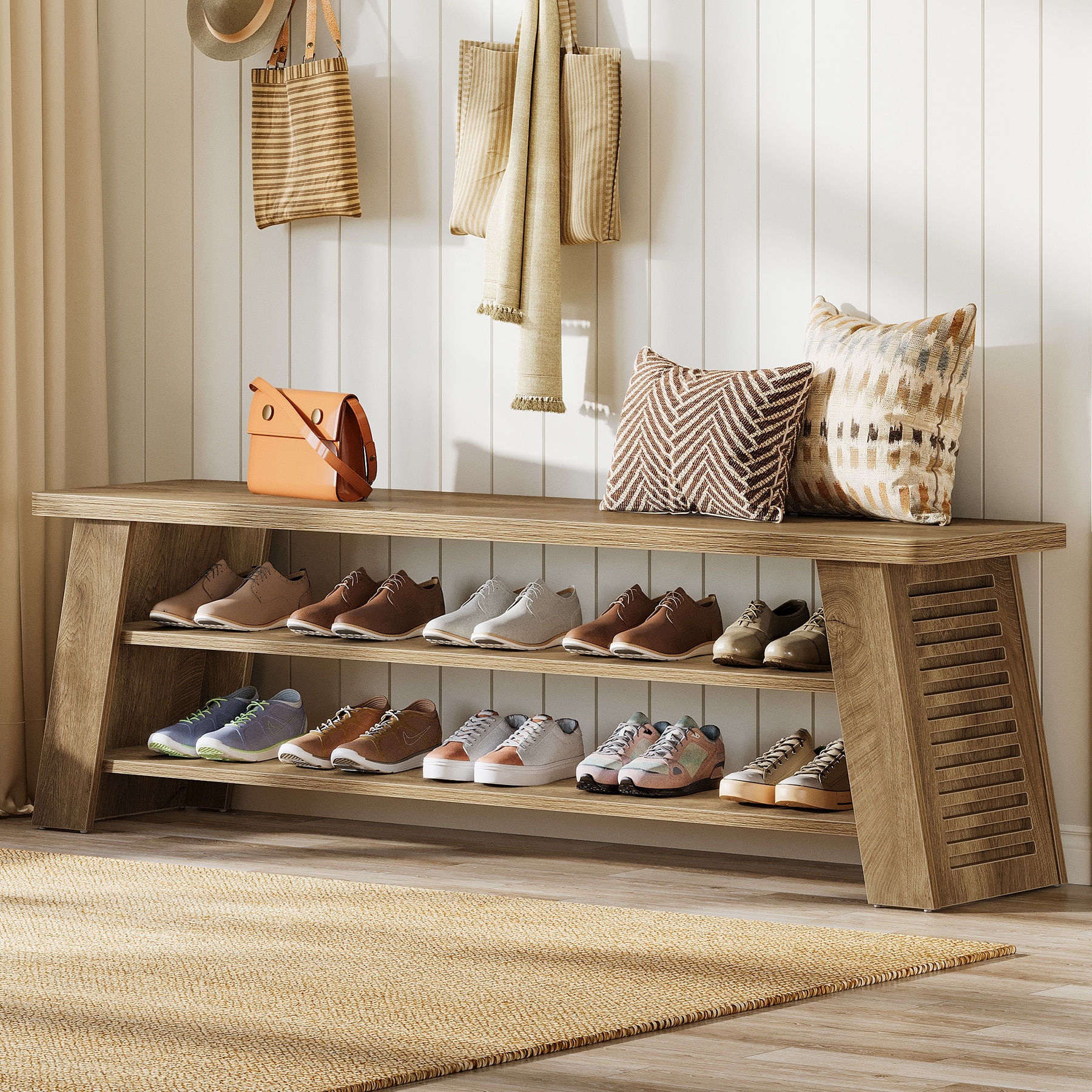 Entryway Shoe Bench with Storage Shelf, Dining Bench, Wooden End of Bed Bench for Bedroom, Living Room, Mudroom, Hallway, Foyer