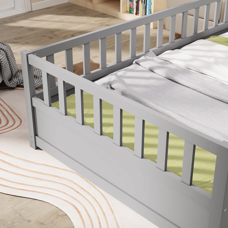 Children's Twin Floor Bed with High Fence, Pinewood French Bed, Safe Play Area, and Mattress Support