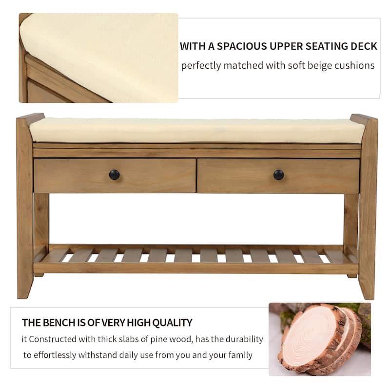 Bench with Removable Cushion, Storage Bench with Multifunctional Wood Shoe Organizer Benches for