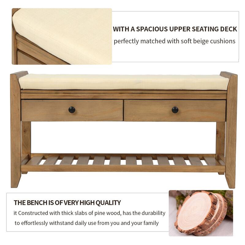 Entryway Storage Bench with Drawers and Upholstered Seat, Compact Wooden Bench with Open Shoe Rack for Bedroom