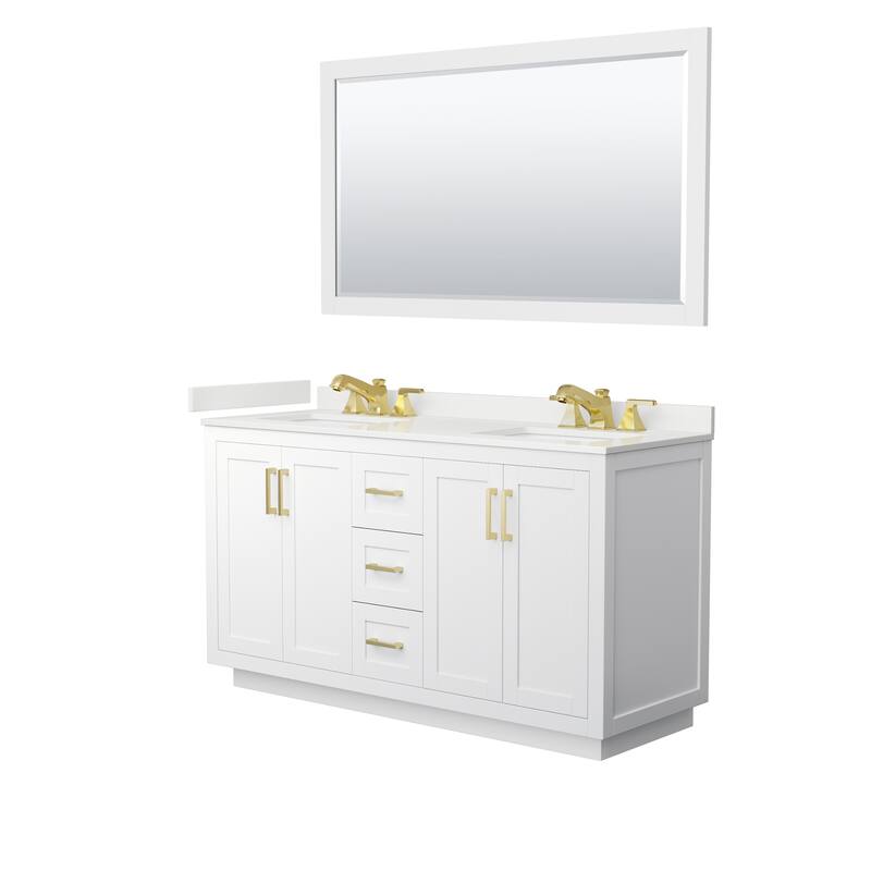 Miranda 60-inch Double Vanity, Quartz Top, 58-inch Mirror - White, Gold Trim, White Quartz Top