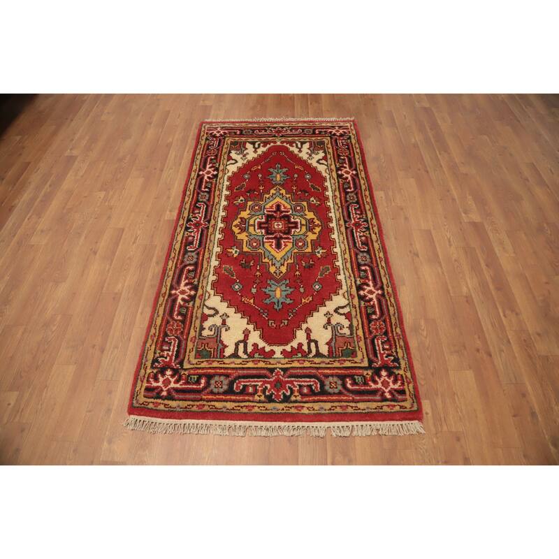 Hand Knotted Oriental 100% Wool Carpet Traditional Medallion Red Heriz (serapi) Area Rug - 5' 6'' X 2' 11''
