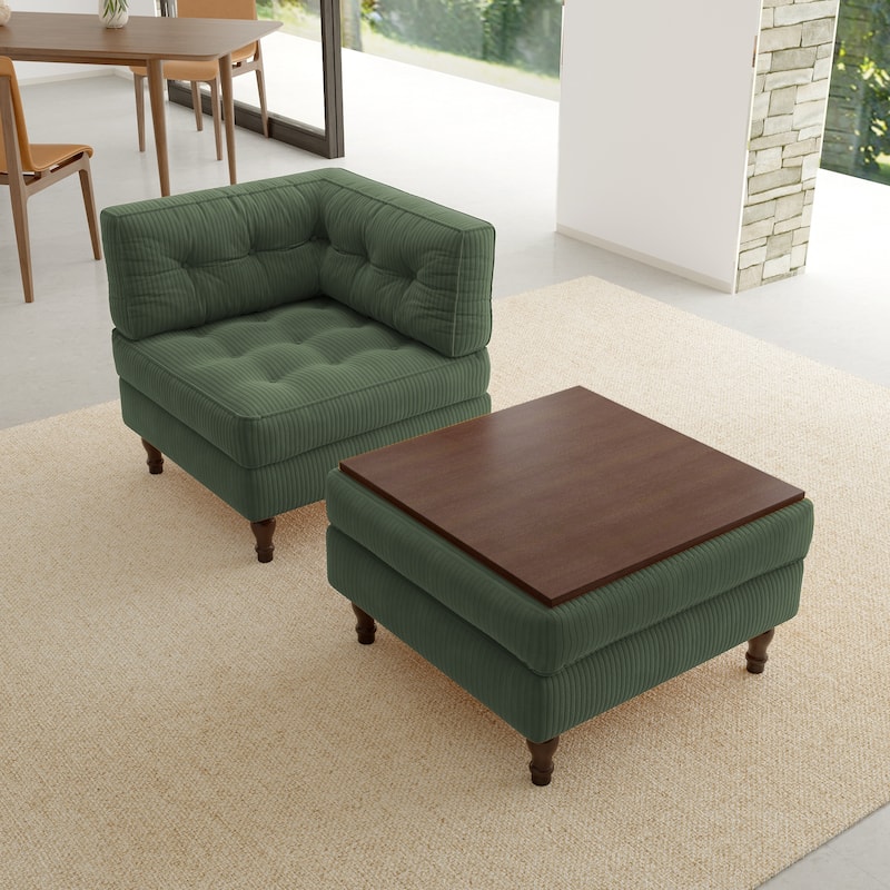 Corduroy Tufted Accent Chair Armchair and Ottoman Set