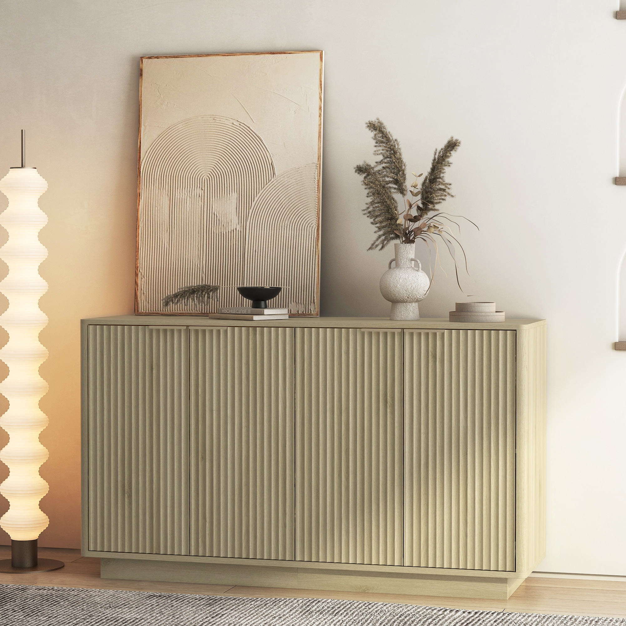 Buffet Cabinet with Fluted Panel Door, Multifunctional Wood Storage Cabinet, Accent Cabinet with Adjustable Shelves
