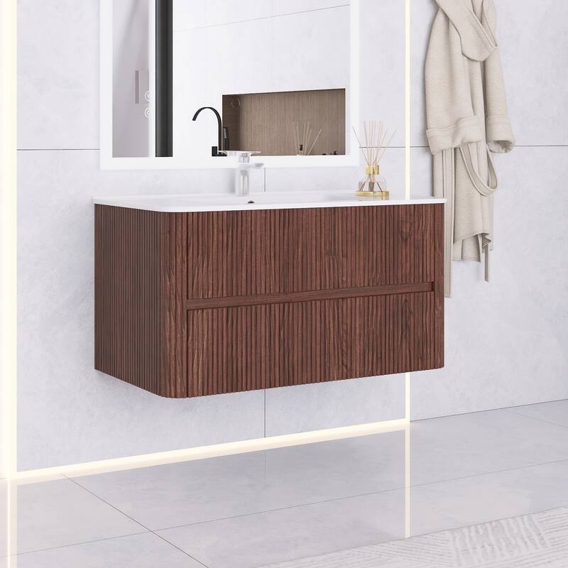 Wall-Mounted Bathroom Vanity in Walnut with Integrated White Ceramic Sink
