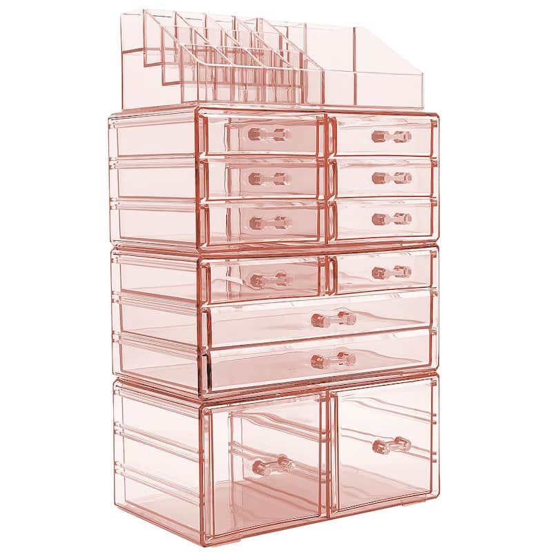 Sorbus Cosmetic Makeup and Jewelry Storage Case with 12 Drawers and 16 Slots - 4-Piece Set - Clear - Pink