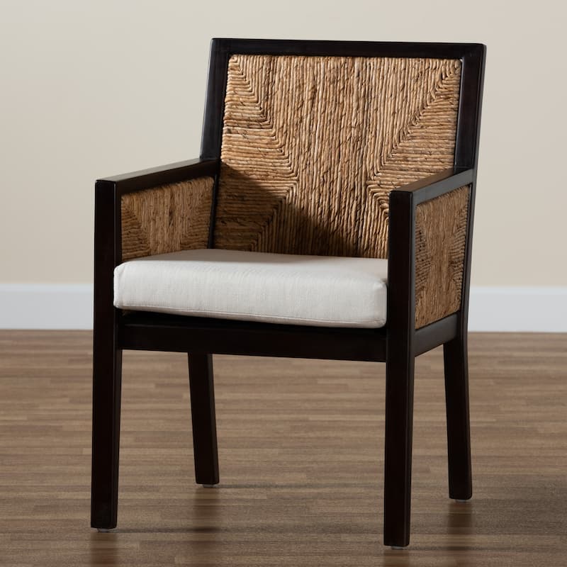 Joana Modern Bohemian Dark Brown Mahogany Wood and Natural Abaca Dining Arm Chair