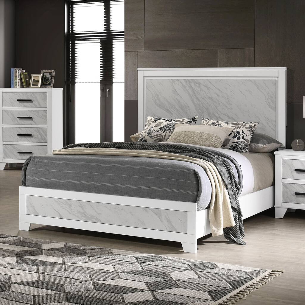 Contemporary White Full Size Bed with Faux Marble Headboard, Rubberwood Furniture