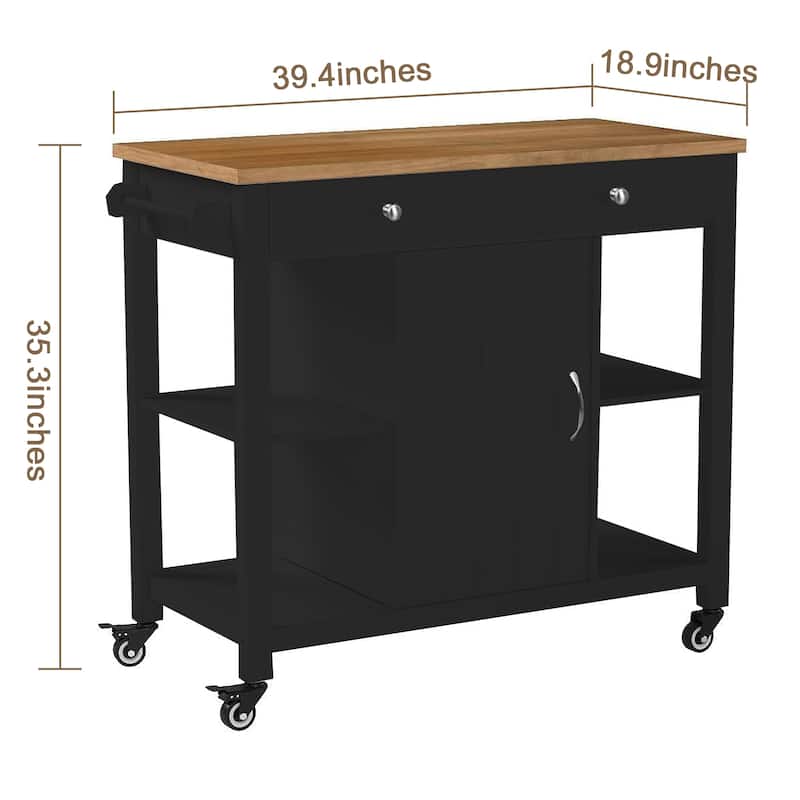 Kitchen Island with Wood Top, Kitchen Cabinet with Adjustable Shelves, Kitchen Cart with Locking Wheels
