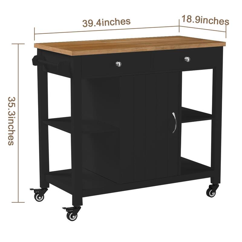 Modern Kitchen Island with Locking Wheels, Rubber Wood Top, 2 Drawers, Cupboard and Towel Rack, for Kitchen