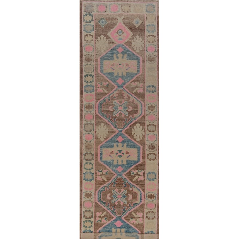 Hand Knotted Oriental 100% Wool Carpet Transitional Geometric Brown Oushak Runner Rug - 16' 1'' X 3' 5''