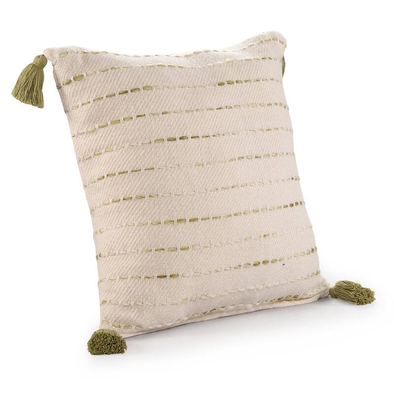 Handmade Variegated Stripe Square Throw Pillow with Tassels - 20" - Green and White