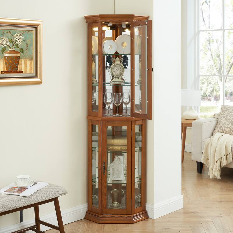 GDFStudio - Traditional Storage Corner Curio Cabinet with Lighted Glass Shelves
