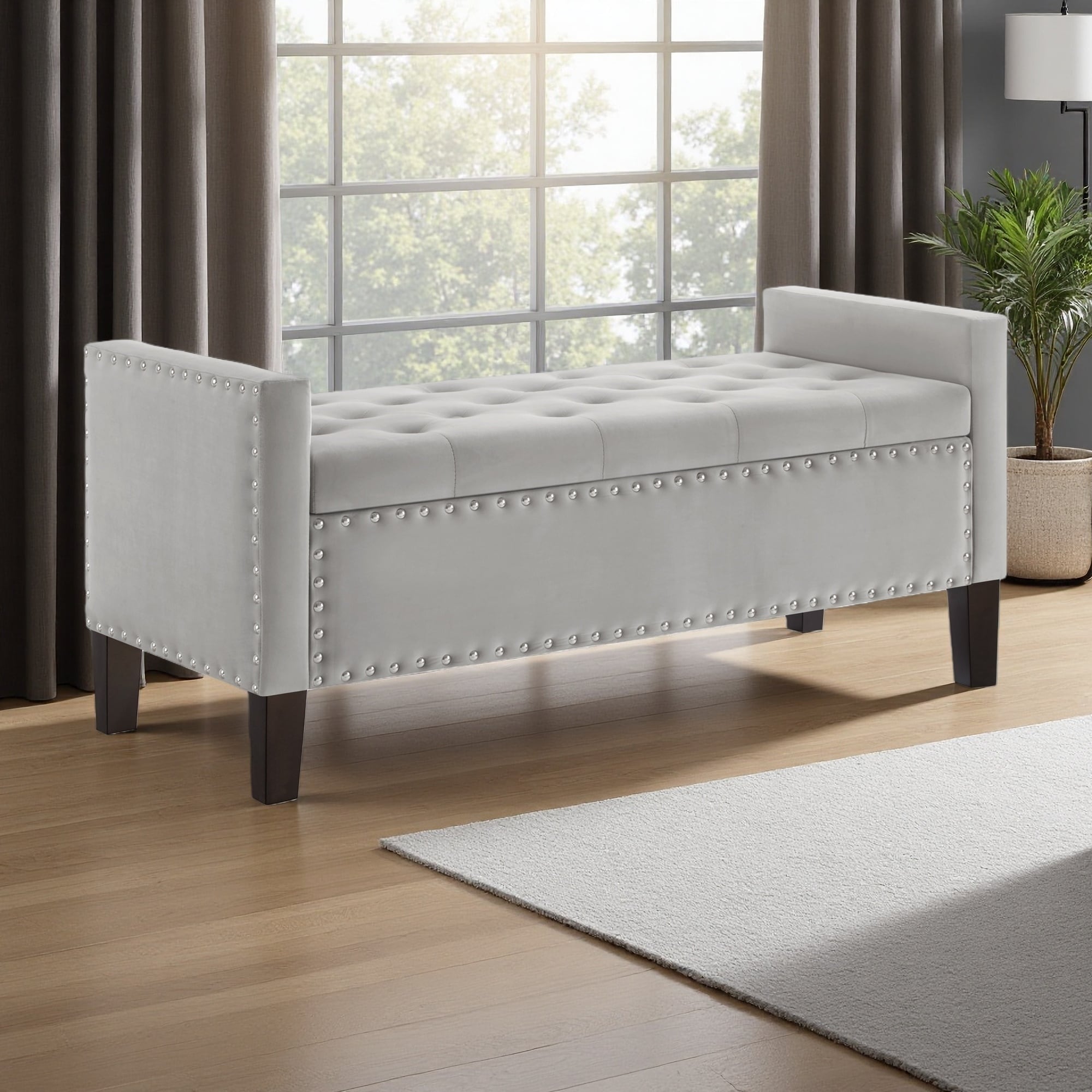 48"L Velvet Upholstered Tufted Button Storage Bench with Nail Trim & Armrest