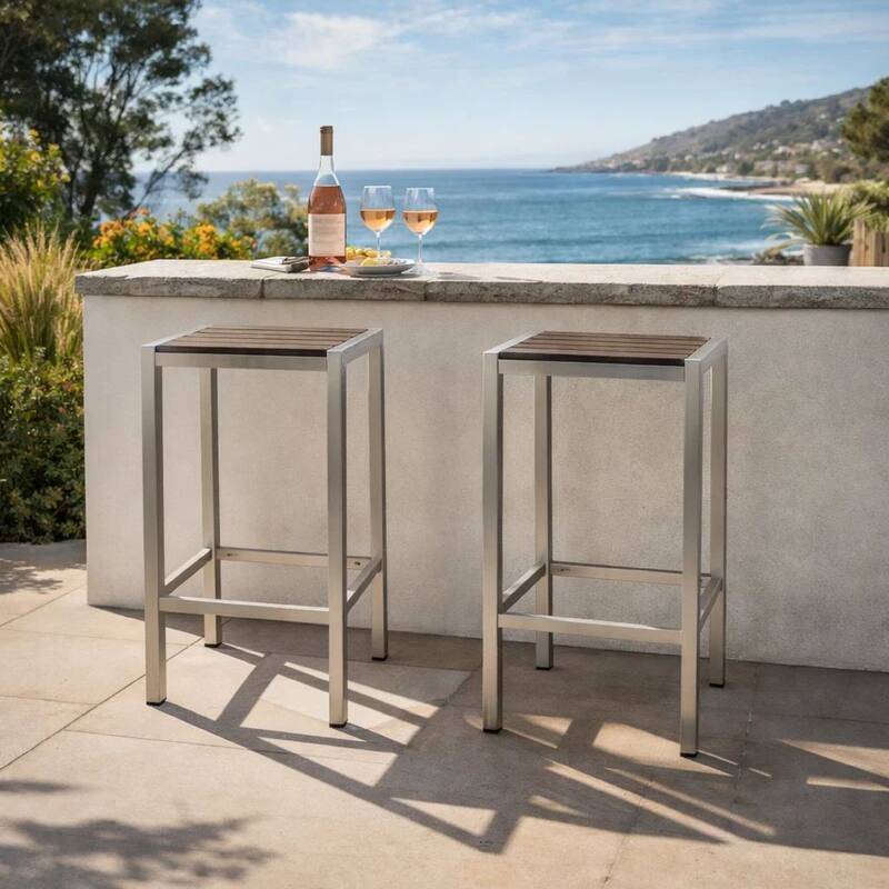 Kylo 43 Inch Outdoor Bar Table, White and Brown Aluminum Frame, Small