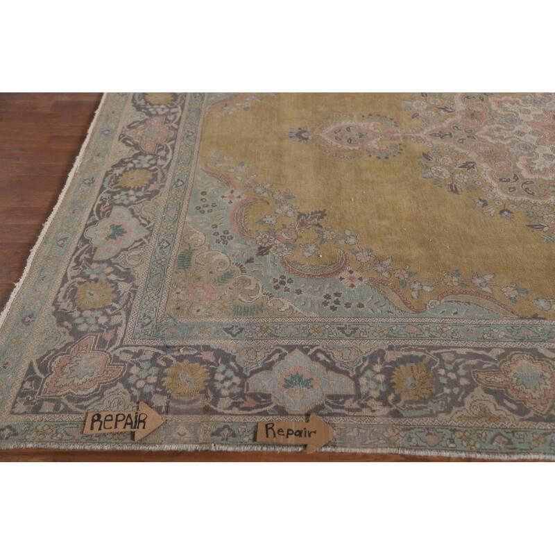 Hand Knotted Oriental 100% Wool Carpet Traditional Medallion Yellow & Gold Tabriz Area Rug - 11' 0'' X 8' 3''