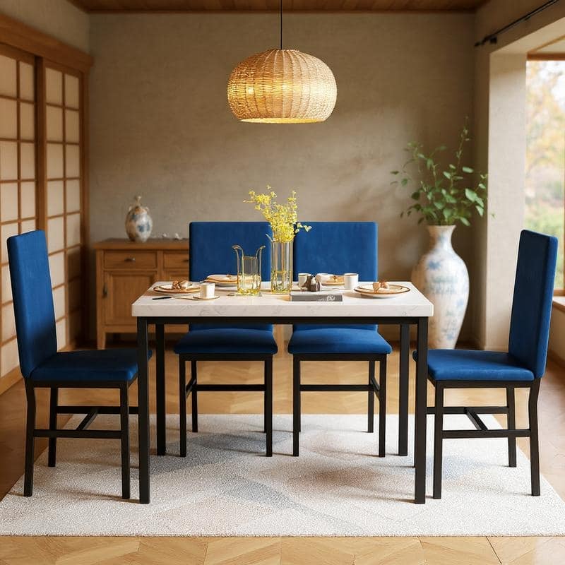 Grondin Modern Style Faux Marble Top 5-Piece Casual Dining Room Table Set with 4 Velvet Upholstered Dining Chairs - Marble White/Blue Velvet