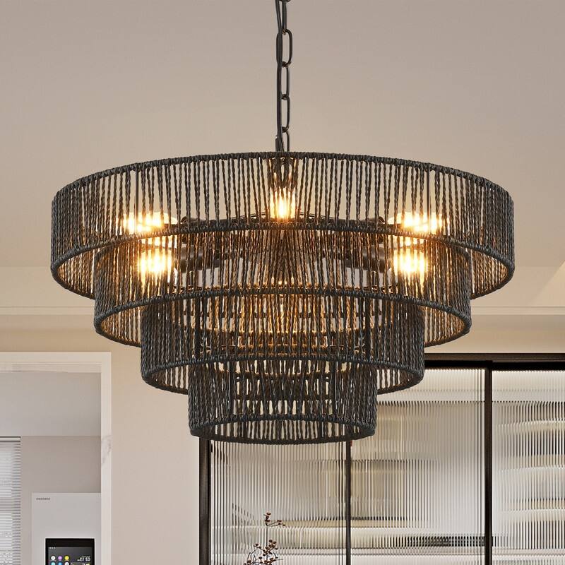 Modern Layered Hemp Rope Chandelier in Boho Style, Elegant Hanging Light for Living, Dining & Bedroom Areas (Bulbs Not Included) - 24" - Black