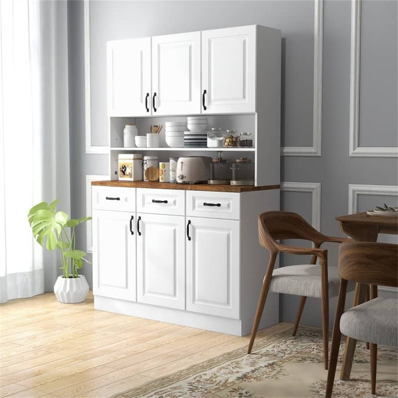 White Pantry Storage Cabinet with Adjustable Shelves and Open Counter for Microwave and Appliances - 47.25”L x 17”W x 70.75”H
