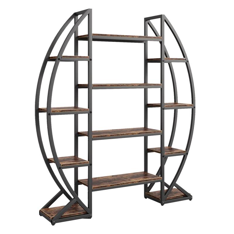 Oval Bookshelf, 12 Brown Wood Shelves, 5 Tier Black Frame, 69 Inch