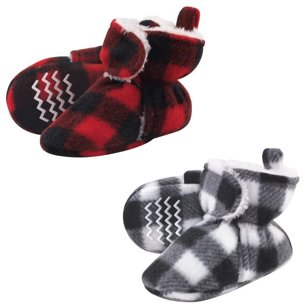 slide 1 of 1, Hudson Baby Unisex Baby Cozy Fleece Booties, Red Black White Plaid 0-6 Months - Red Black White Plaid