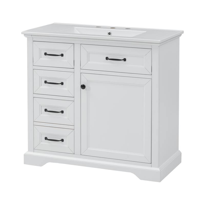 36-Inch Bathroom Vanity with Ceramic Sink Top, 4 Drawers and 1 Soft-Close Door, Freestanding Storage Cabinet with Metal Handles