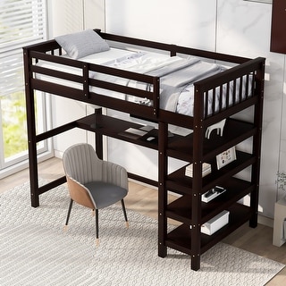 Twin Size Loft Bed Wooden Guardrail Loft Bed Frame with Storage Shelves and Under-Bed Desk