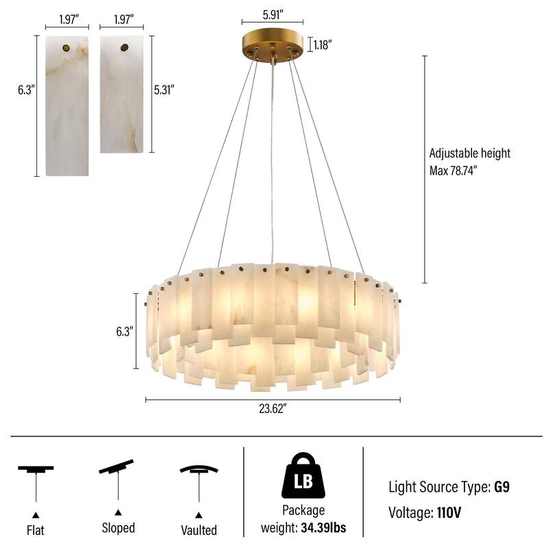 Modern Layered Alabaster Slice Chandelier, Round or Linear Pendant Light, D600-L1200 - Gold