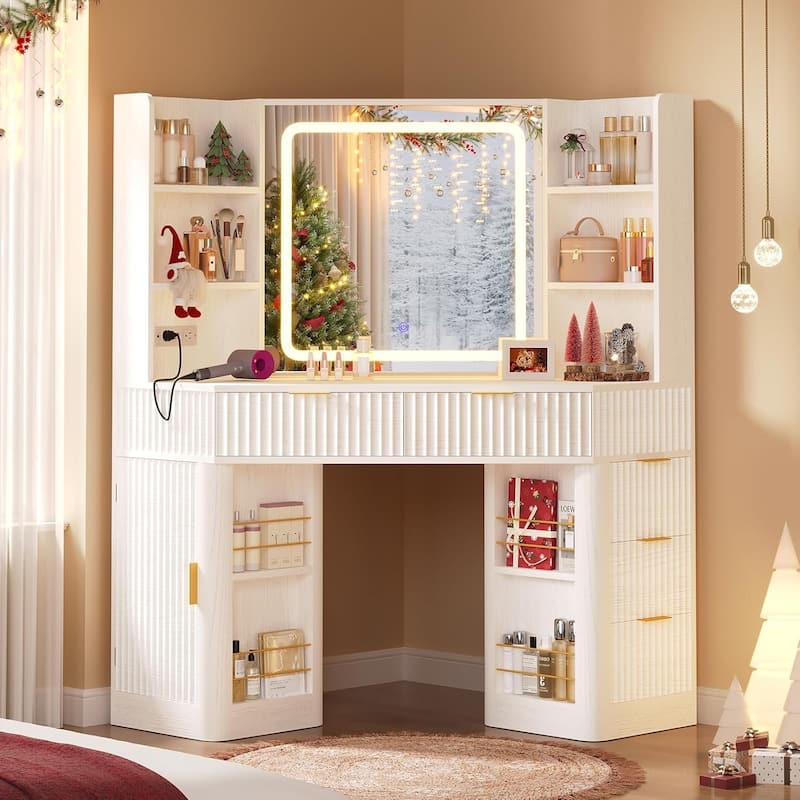 Corner Vanity Desk with Lighted Mirror Drawers Shelves Storage Stool