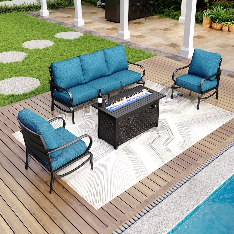 MAISON ARTS Patio Furniture Set 4/6-Piece Outdoor Conversation Set with Gas Fire Pit Table - Set 1 - Peacock Blue