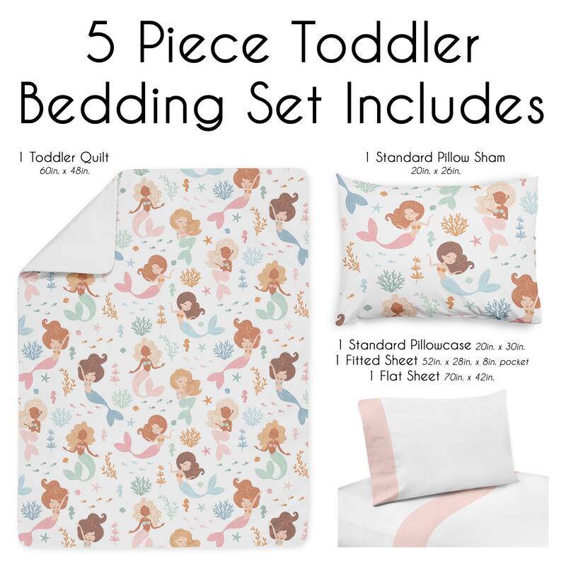 Sweet Jojo Designs Ocean Mermaids Girl 5p Toddler Comforter Set Pink Teal Under the Sea Underwater Theme Fairytale Fish Blue