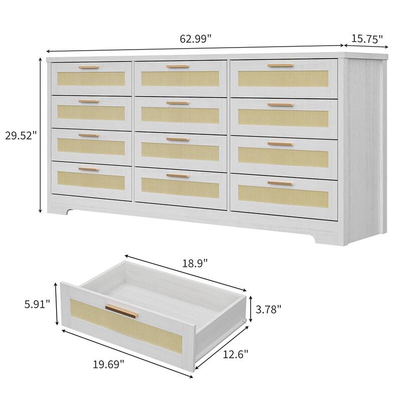 12 Drawer Dresser for Bedroom, Modern Farmhouse Rattan Chest of Drawers with Handles, Wood Dresser for Closet