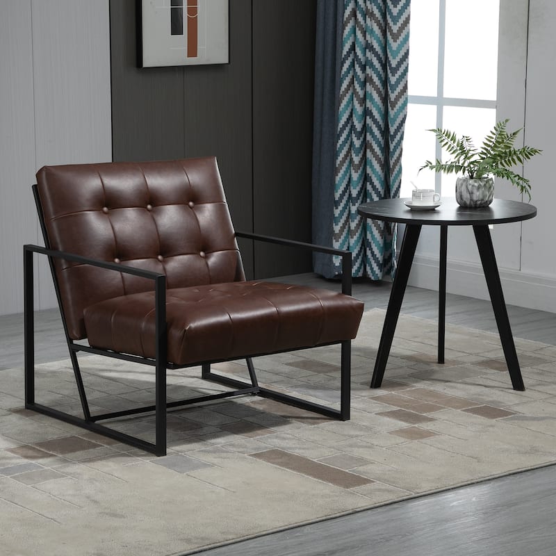 HOMCOM Mid-Century Modern Accent Chair Faux/Leather Sofa Button Tufted Armchair with Metal Frame, Brown - 24.5"x29.25"x30.75"