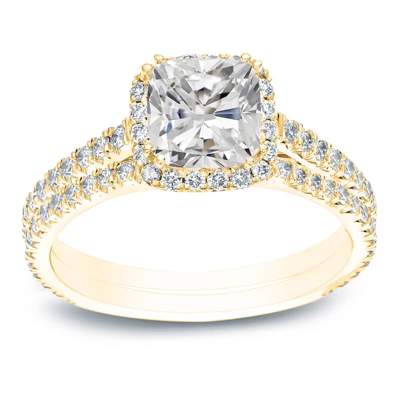 Auriya 2ctw Cushion-cut Halo Diamond Engagement Ring Set 14k Gold Certified - 8 - Yellow