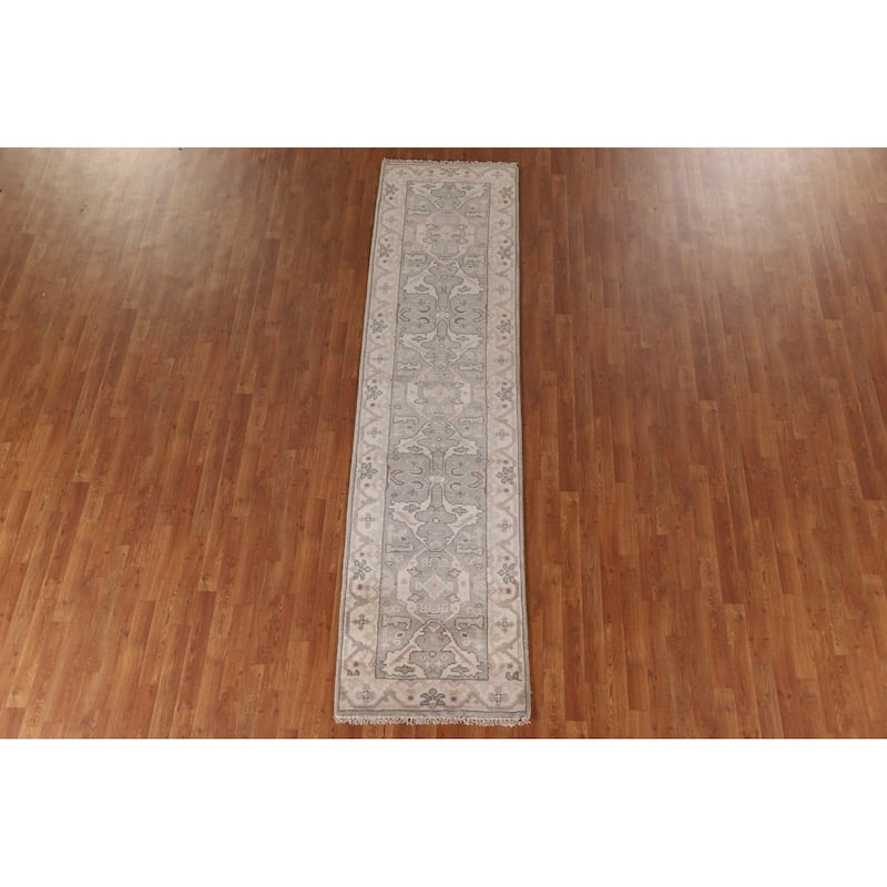 Gray Oushak Indian Runner Rug Hand-Knotted Wool Carpet - 2'7"x 10'0"