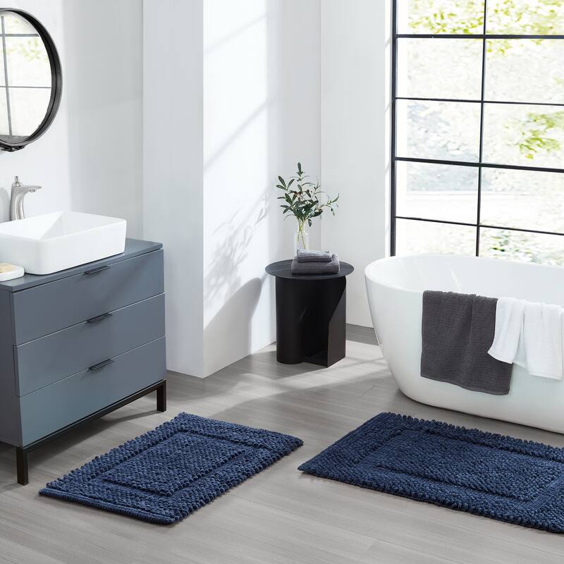Sophie Border Ultra-plush Chenille Non-Slip Cotton Bath Mat (Set of 2) - 17 x 24 / 20 x 32 - Midnight Navy