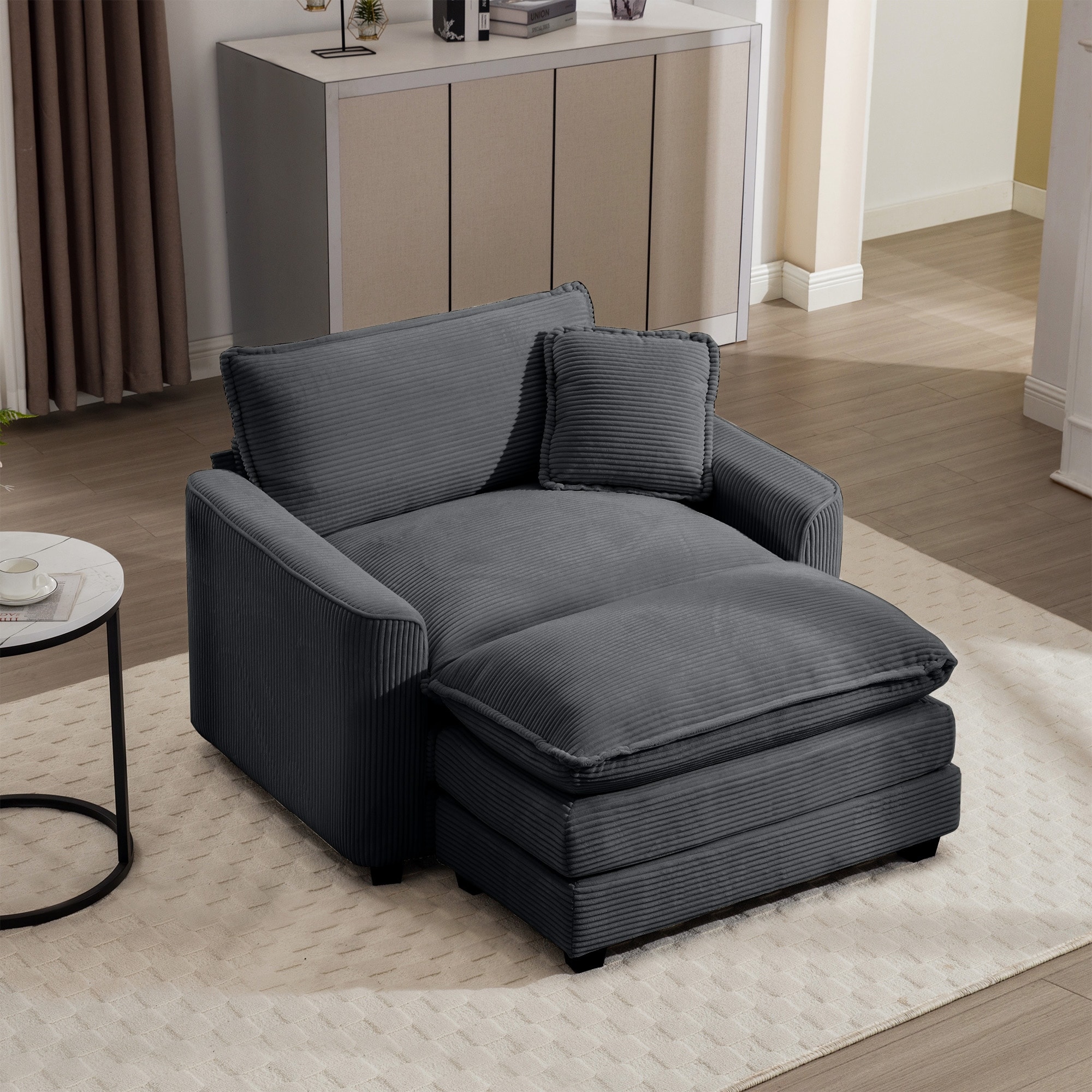 Corduroy Upholstered Chaise Lounge, Accent Chair Ottoman Set