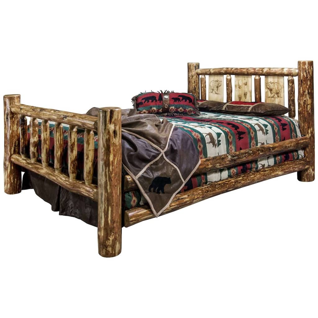 Twin Log Bed - Laser Engraved Bear Design - Rustic Country Style - Heirloom Quality Furniture