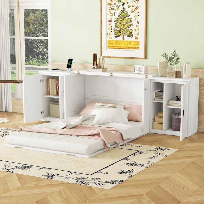 Full Size Murphy Bed Cabinet w/ Storage Shelves, USB Ports, Foldable