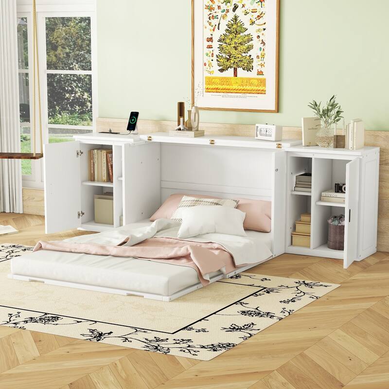 White Full Size Murphy Bed with Shelves, Cabinets, and USB Charging Ports - White - Full