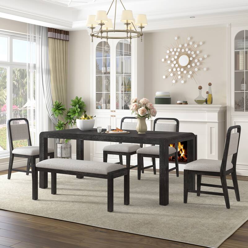Roomfitters Extendable Dining Table Set for 4-6, Farmhouse Table with Upholstered Chairs & Bench, Rustic Curved Design