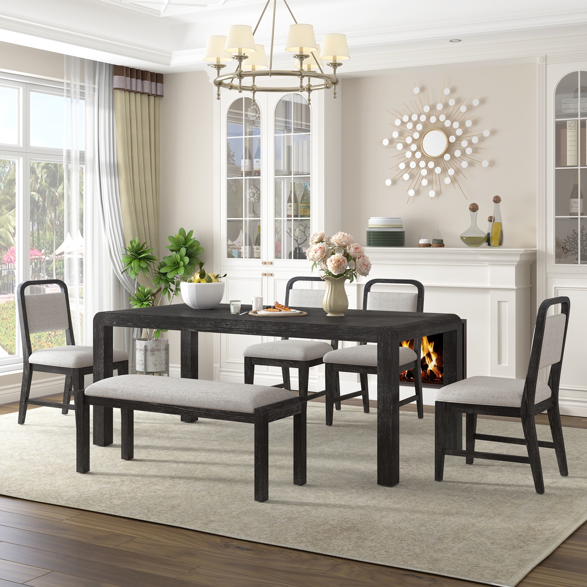 Vintage Extendable Dining Table Set for 4-6 with 4 Upholstered Chairs and 1 Bench