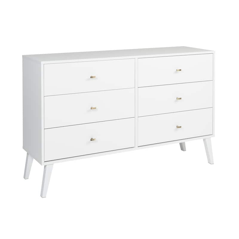 Prepac Milo Mid-Century Modern 6 Drawer Double Dresser for Bedroom, Chest of Drawers, Contemporary Bedroom Furniture - White