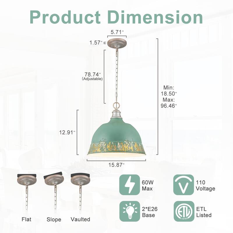 2-Light Farmhouse Pendant Light with Distressed Gold Dome Shade - 2-Lights