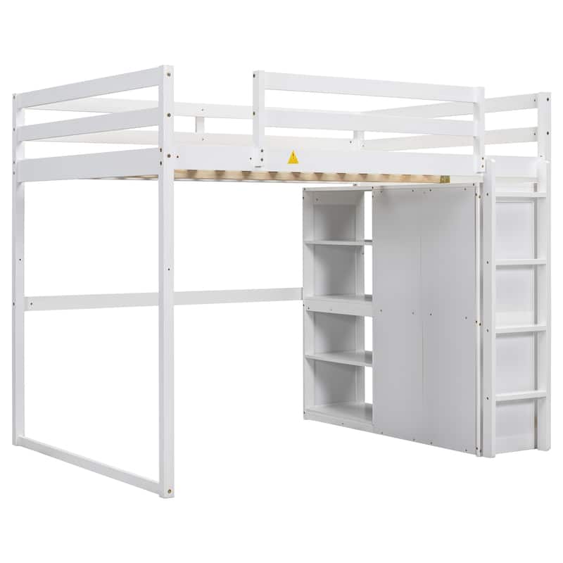 Full Size Loft Bed with Wardrobe, Storage Shelves, and LED Light - Modern Gray Design