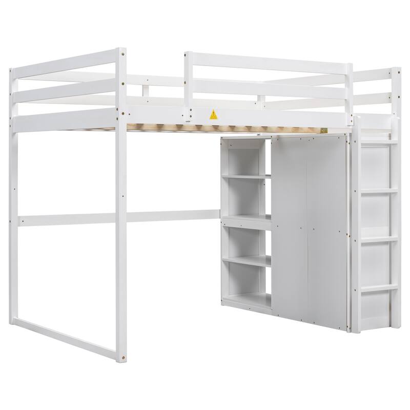 Full Size Loft Bed with Wardrobe, Storage Shelves, and LED Light in White