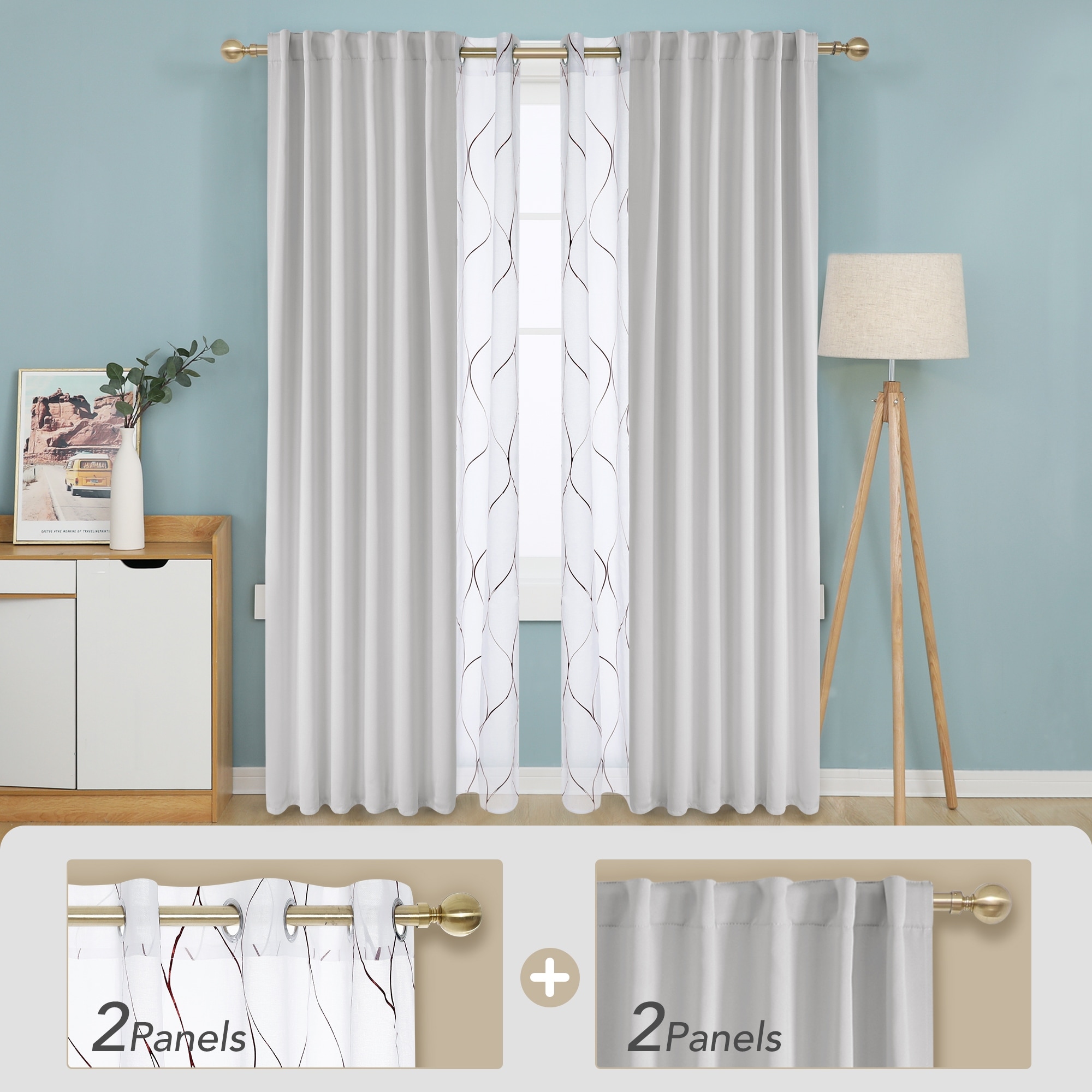 Deconovo Mix & Match Blackout and Bronze Print White Sheer 4 Piece Curtain Panel Set